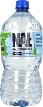 Nałęczowianka woda mineralna niegazowana, przezroczysta butelka 100% z recyklingu, niebieska nakrętka, przód.