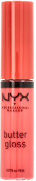 Pionowy błyszczyk NYX Professional Makeup Butter Gloss w koralu, butelka z czarnym napisem, widok z przodu.