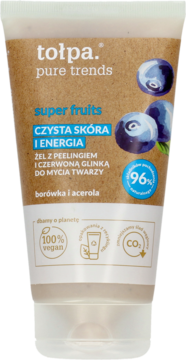 Tołpa Pure Trends Super Fruits żel z peelingiem do twarzy, brązowa tubka z borówkami, widok z przodu.