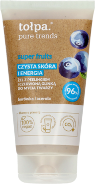 Tołpa Pure Trends Super Fruits żel z peelingiem do twarzy, brązowa tubka z borówkami, widok z przodu.