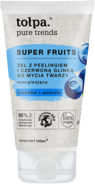 Biała tuba Tołpa Pure Trends żel do mycia twarzy z peelingiem, borówka + acerola, widok z przodu, energizujący.