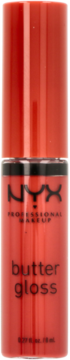 Czerwony błyszczyk NYX Professional Makeup Butter Gloss w smukłej tubce, widok z przodu, pionowo.
