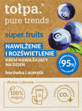 Tołpa Pure Trends Super Fruits krem nawilżający dzień borówka i acerola. Nawilża i rozświetla, brązowe opakowanie.