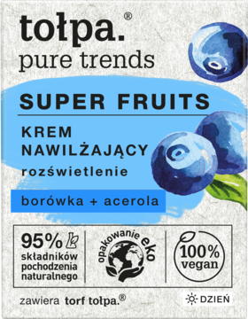 Tołpa Pure Trends Super Fruits krem nawilżający z borówką i acerolą, opakowanie biało-niebieskie, widok z przodu.