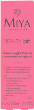 Różowe opakowanie Miya BEAUTY.lab serum wygładzającego z kompleksem anti-aging 5%, widok z przodu.