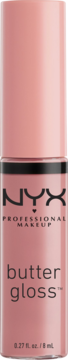 Różowy błyszczyk NYX Butter Gloss w podłużnym opakowaniu nude-różowym z czarnym napisem, widok z przodu.