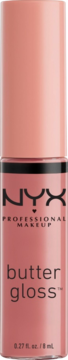 Błyszczyk NYX Butter Gloss w eleganckiej tubce o brzoskwiniowym odcieniu nude, z czarnym logo, widok z przodu.