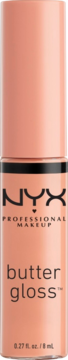 NYX Butter Gloss w odcieniu Fortune Cookie, peachy-różowy błyszczyk do ust w tubce, widok z przodu, logo NYX.