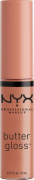 NYX Professional Makeup Butter Gloss w tubce o brzoskwiniowo-nude kolorze, stojący, z widocznym logo i napisem 'butter gloss'.