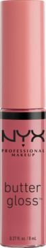NYX Butter Gloss Angel Food Cake w pionowej, różowo-łososiowej tubce, błyszczące opakowanie.