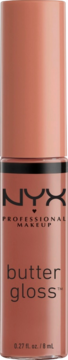Brzoskwiniowy błyszczyk NYX Butter Gloss w eleganckiej tubce, widok z przodu, z czarnym logo.