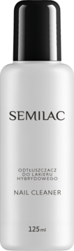 Biała butelka Semilac Nail Cleaner 125 ml z czarną nakrętką, napisy „Odtłuszczacz do lakieru hybrydowego”.