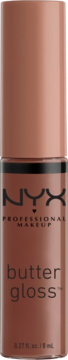 NYX Professional Makeup Butter Gloss, beżowo-brązowy błyszczyk w pionowej tubce z czarną opaską i logo.