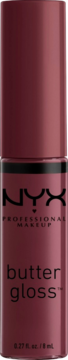 Błyszczyk NYX Butter Gloss, odcień bordowy, pionowy widok z przodu, z widocznym logo NYX.