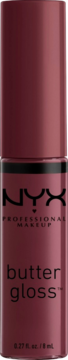 Błyszczyk NYX Butter Gloss, odcień bordowy, pionowy widok z przodu, z widocznym logo NYX.