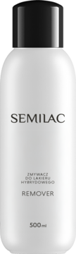 Semilac Remover w białej butelce 500ml z czarną zakrętką, widok z przodu. Do usuwania lakieru hybrydowego.