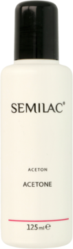 Biała butelka Semilac Acetone 125ml z czarną nakrętką, widok z przodu, do usuwania lakieru hybrydowego.