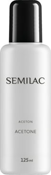 Biała butelka Semilac Aceton 125ml do usuwania lakieru hybrydowego, z czarną nakrętką, widok z przodu.