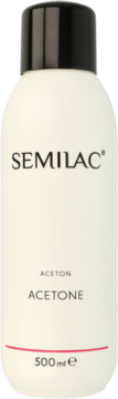Biała butelka Semilac Aceton, 500 ml, z czarną nakrętką, widok z przodu. Napisy: ACETON i ACETONE.