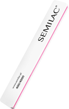 Biała polerka do paznokci Semilac Quality 400/4000 z różowymi brzegami, widok pod kątem na logo.