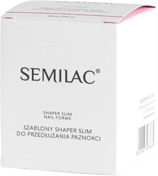 Białe pudełko Semilac Shaper Slim, szablony do przedłużania paznokci, widok z przodu i boku na białym tle.