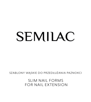 Białe tło z czarnym logo Semilac i napisem "Slim Nail Forms for Nail Extension" do przedłużania paznokci.