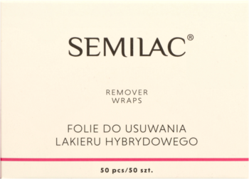 Opakowanie Semilac Remover Wraps, biało-beżowe pudełko z czarnym napisem SEMILAC i różową linią, widok z przodu.