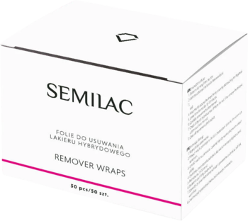 Białe pudełko Semilac Remover Wraps, folie do usuwania lakieru hybrydowego, z różowym paskiem, widok z góry i przodu.