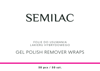 Opakowanie Semilac Gel Polish Remover Wraps 50 sztuk, białe z czarnym tekstem i różowym paskiem, widok z przodu.
