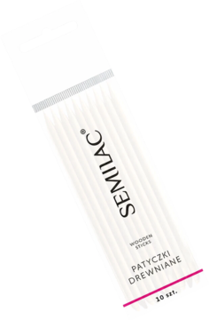 Białe opakowanie Semilac z 10 drewnianymi patyczkami do skórek, widok z przodu, lekko przechylone.