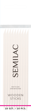 Opakowanie 10 drewnianych patyczków SEMILAC w jasnym kolorze, widok z przodu, z tekstem 'WOODEN STICKS'.