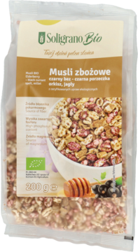 Przezroczysta torba Soligrano Bio Musli zbożowe z czarnym bzem i porzeczką, orkiszem, jagłami, 200g.