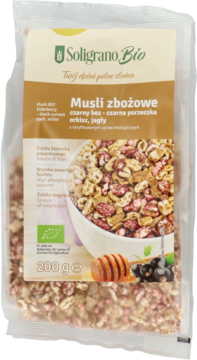 Przezroczysta torba Soligrano Bio Musli zbożowe z czarnym bzem i porzeczką, orkiszem, jagłami, 200g.