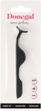 Donegal czarna pęseta do sztucznych rzęs, w blistrze, profilowany kształt, widok z przodu, z ikonami.