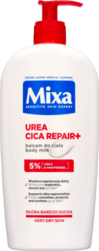 Biała butelka Mixa Urea Cica Repair+ balsam do ciała z czerwoną pompką, widok z przodu, dla bardzo suchej skóry.