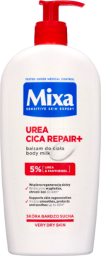 Biała butelka Mixa Urea Cica Repair+ balsam do ciała z czerwoną pompką, widok z przodu, dla bardzo suchej skóry.