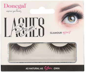 Donegal Eye Lashes Glamour effect: białe pudełko z parą czarnych sztucznych rzęs na pasku, widok z przodu.