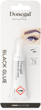 Donegal Black Glue, czarny klej do rzęs 7g, w białym opakowaniu z tubką, widoczny symbol ostrzeżenia.