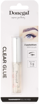 Donegal Clear Glue do rzęs w białym blistrze z tubką 5g i pędzelkiem, widok z przodu.