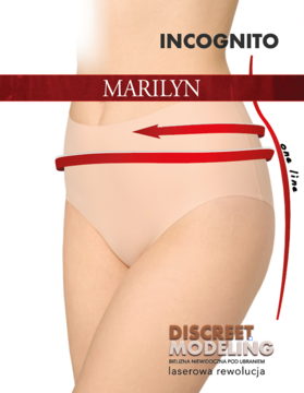 Beżowe, bezszwowe figi wyszczuplające Marilyn z wysokim stanem na modelu. Widoczne strzałki podkreślają efekt slim.