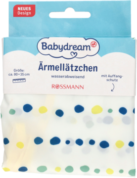 Babydream śliniak z rękawem i kieszenią, wodoodporny, w opakowaniu z niebiesko-żółto-zielonymi kropkami.