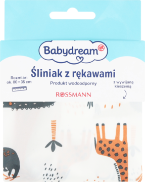 Front opakowania Babydream śliniaka z rękawami, wodoodpornego, z kieszenią, z motywem żyrafy na białym tle.