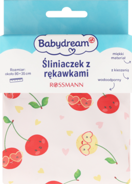 Babydream śliniaczek z rękawkami, wodoodporny, biały w czerwone wiśnie, z kieszenią, w opakowaniu, przód.