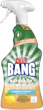 Cillit Bang Naturally Powerful, zielony płyn do łazienek z cytryną, 100% składników naturalnych, widok z przodu.