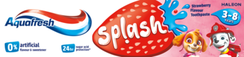 Baner Aquafresh Splash truskawkowa pasta dla dzieci 3-8, z bohaterami Psiego Patrolu Skye i Marshallem.