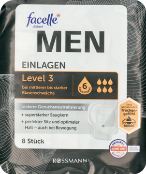 Czarno-białe opakowanie wkładek Facelle Men Level 3 Rossmann, widok z przodu, dyskretne i chłonne.