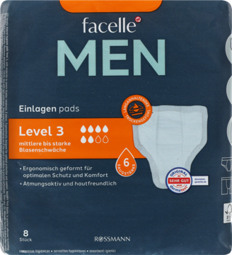 Ciemnoszare opakowanie facelle MEN Level 3 wkładek dla mężczyzn na nietrzymanie moczu, szybkie wchłanianie.
