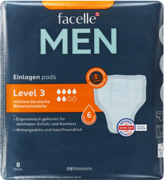 Granatowe opakowanie wkładek Facelle MEN Level 3 dla mężczyzn, 6 kropli chłonności, widoczny biały pad.