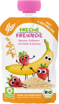 Biało-pomarańczowa saszetka Freche Freunde, mus banan, truskawka, owies, quinoa, z wesołymi owocami, widok przód.