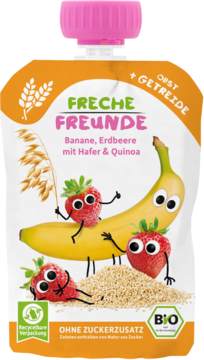 Biało-pomarańczowa saszetka Freche Freunde, mus banan, truskawka, owies, quinoa, z wesołymi owocami, widok przód.